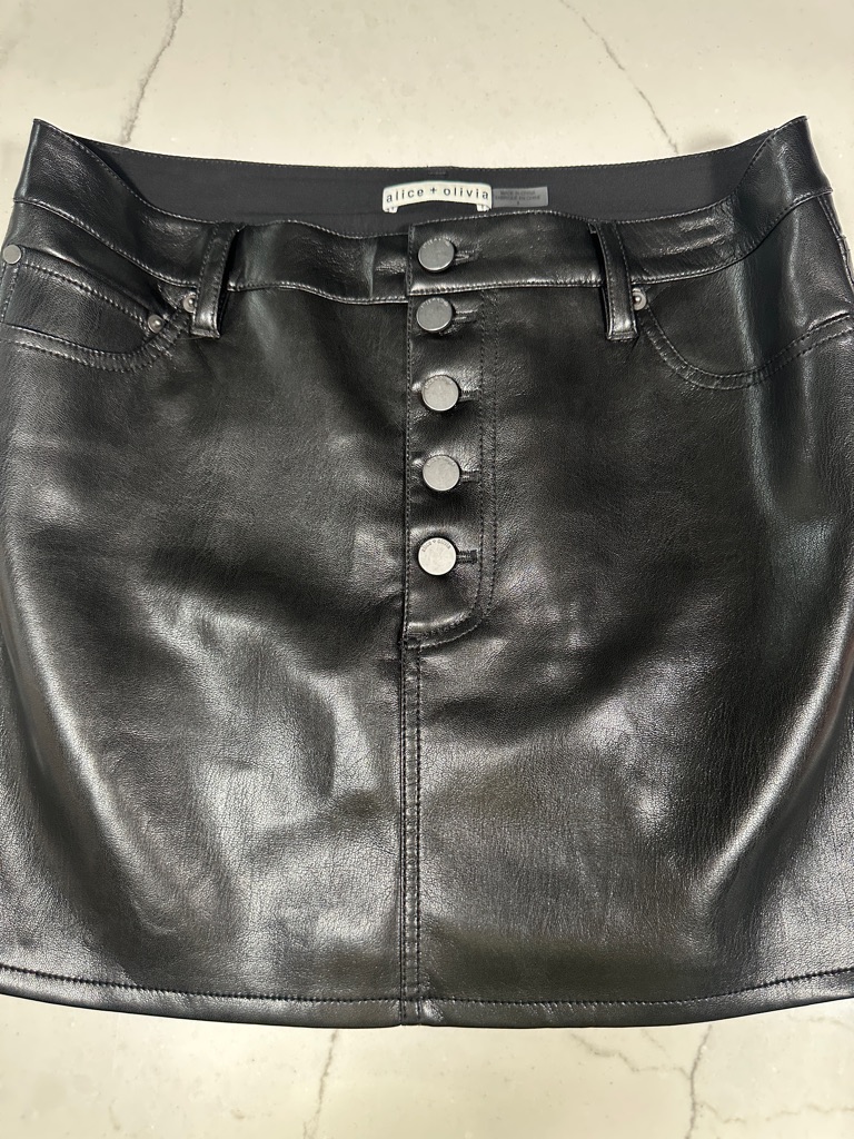 Alice + Olivia Black Faux Leather Button-Front Mini Skirt